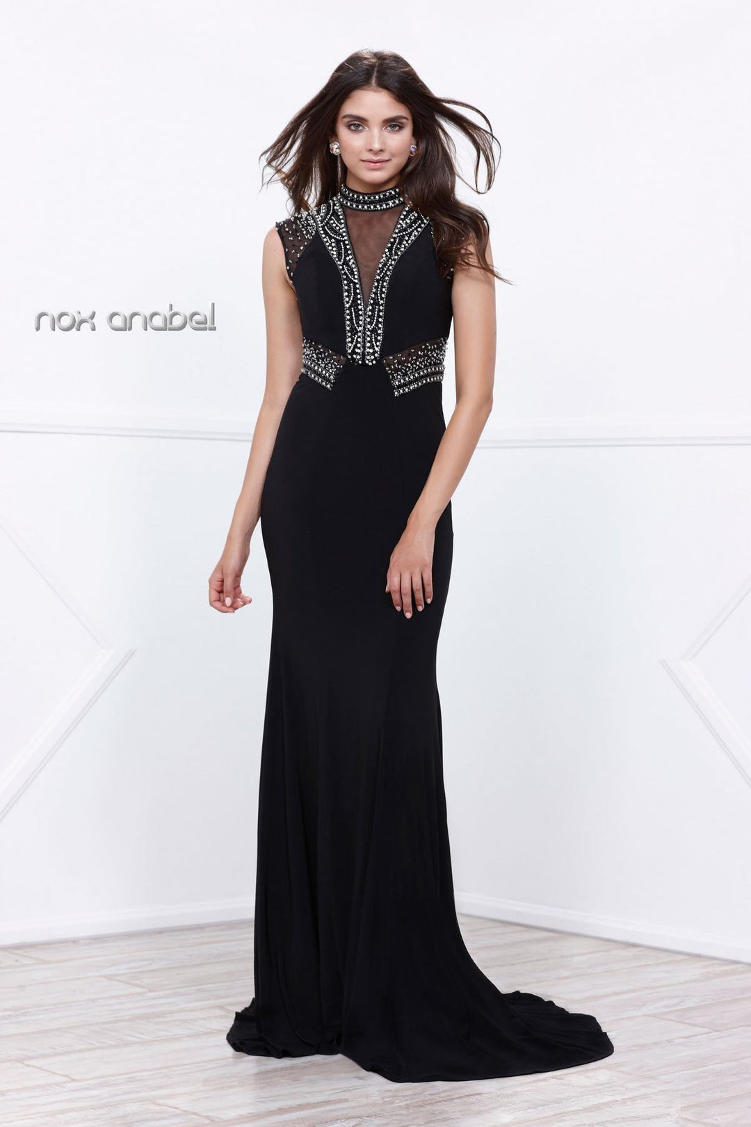 Black Long Sleeveless Beaded Illusion Dress by Nox Anabel 8285-Long Formal Dresses-ABC Fashion