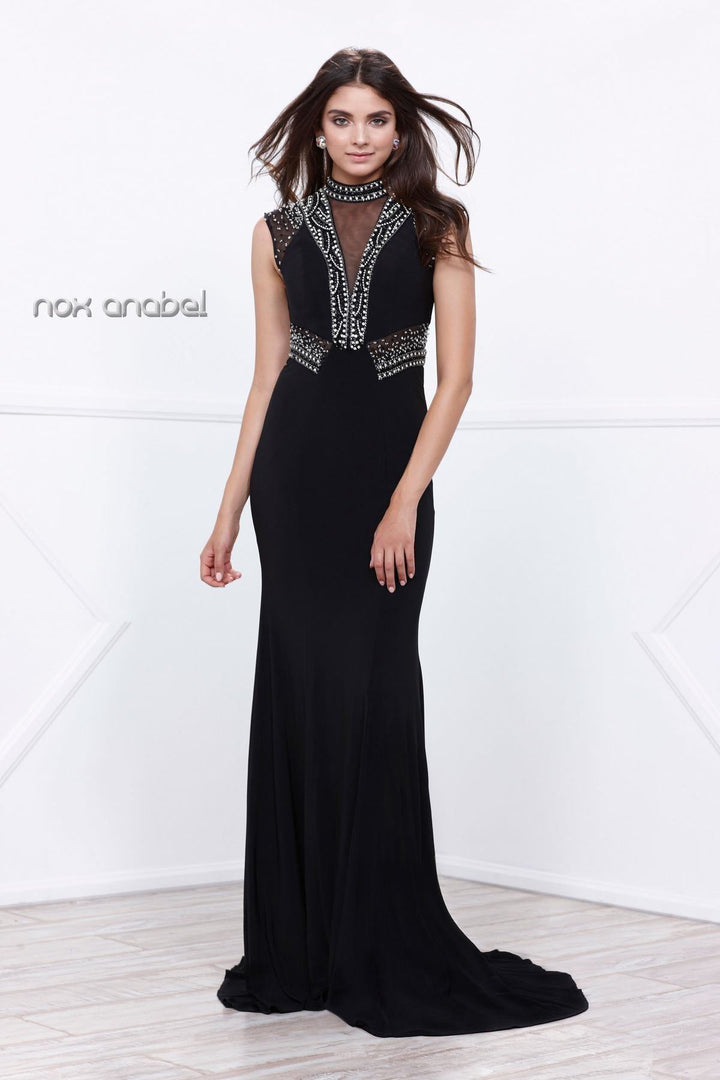 Black Long Sleeveless Beaded Illusion Dress by Nox Anabel 8285-Long Formal Dresses-ABC Fashion