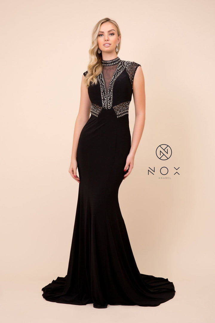 Black Long Sleeveless Beaded Illusion Dress by Nox Anabel 8285