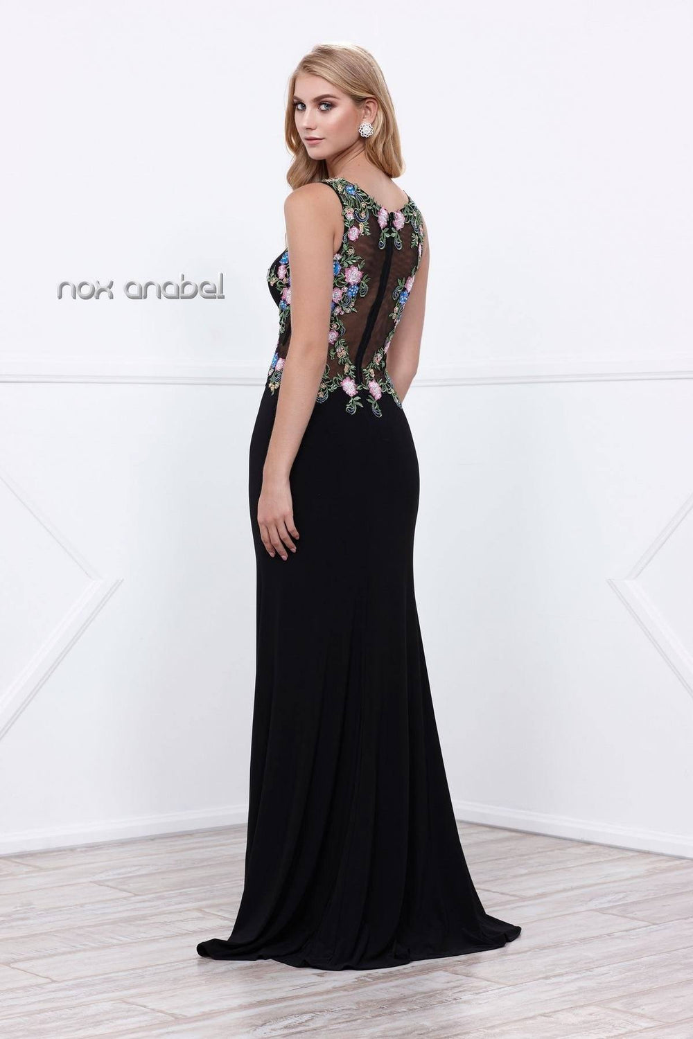Black Long Sleeveless Floral Embroidered Dress by Nox Anabel 8323-Long Formal Dresses-ABC Fashion