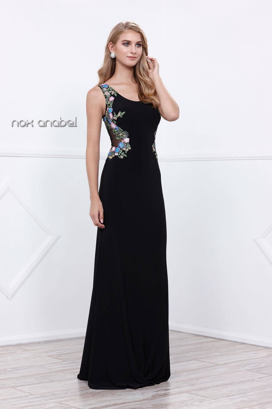 Black Long Sleeveless Floral Embroidered Dress by Nox Anabel 8323-Long Formal Dresses-ABC Fashion