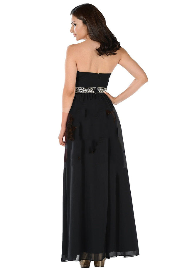 Black Long Strapless Dress with Embellished Waist by Poly USA-Long Formal Dresses-ABC Fashion