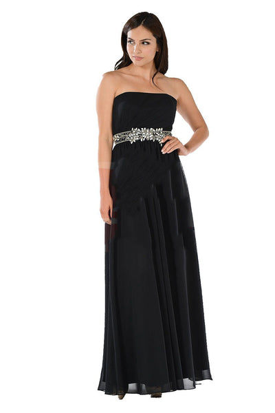 Black Long Strapless Dress with Embellished Waist by Poly USA-Long Formal Dresses-ABC Fashion