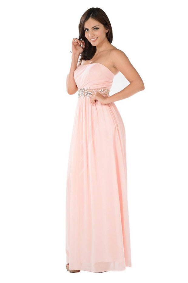 Black Long Strapless Dress with Embellished Waist by Poly USA-Long Formal Dresses-ABC Fashion