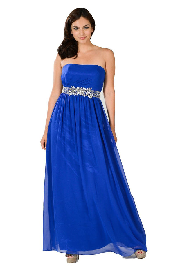 Black Long Strapless Dress with Embellished Waist by Poly USA-Long Formal Dresses-ABC Fashion