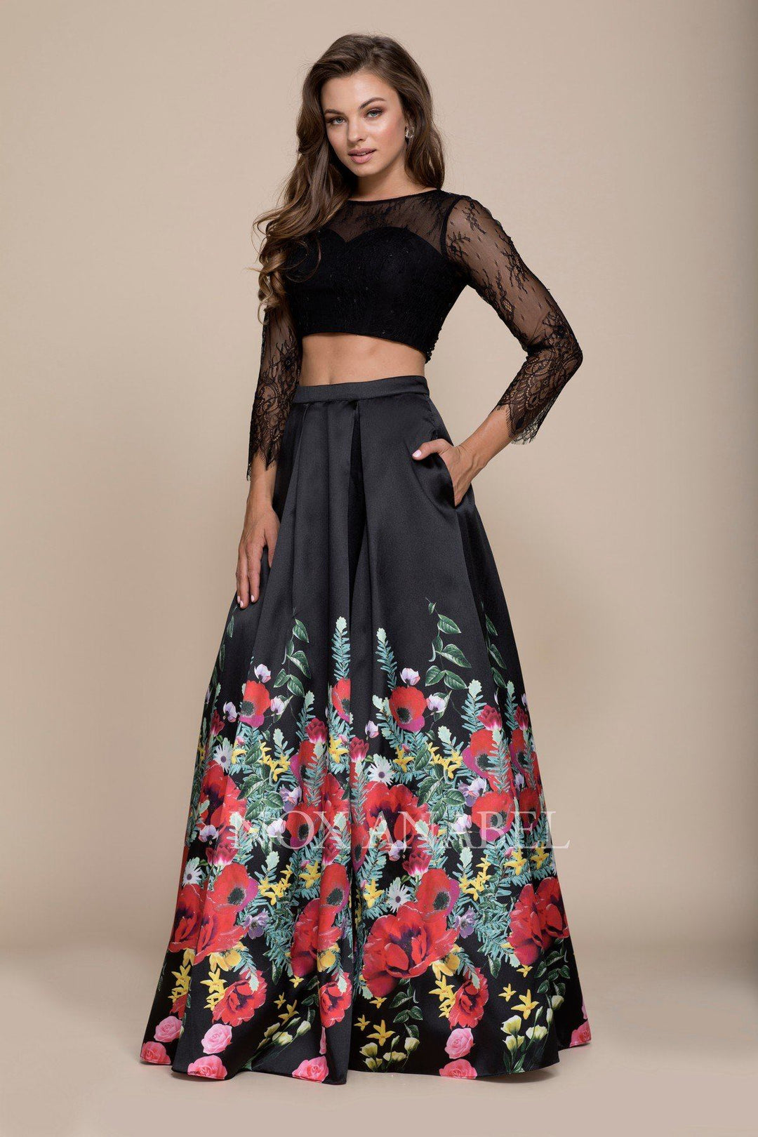 Black Long Two-Piece Dress with Floral Print Skirt by Nox Anabel 8371-Long Formal Dresses-ABC Fashion