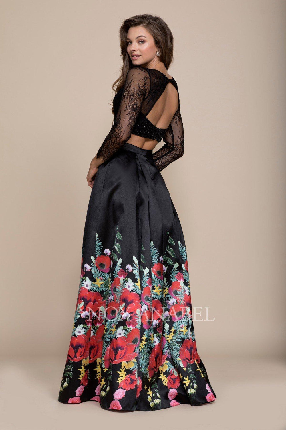 Black Long Two-Piece Dress with Floral Print Skirt by Nox Anabel 8371-Long Formal Dresses-ABC Fashion