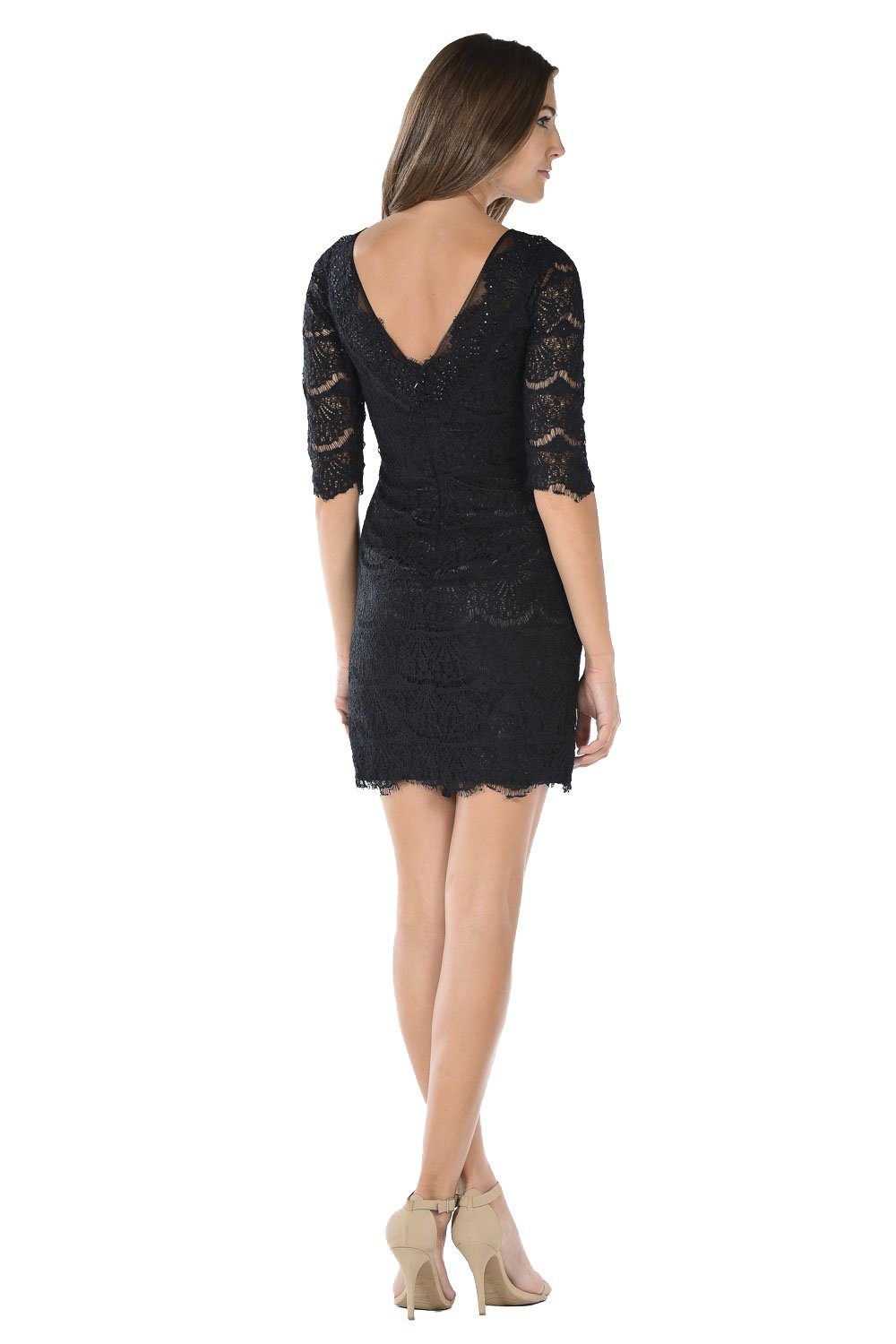 Black Short Bodycon Lace Dress with Mid-Sleeves by Poly USA-Short Cocktail Dresses-ABC Fashion