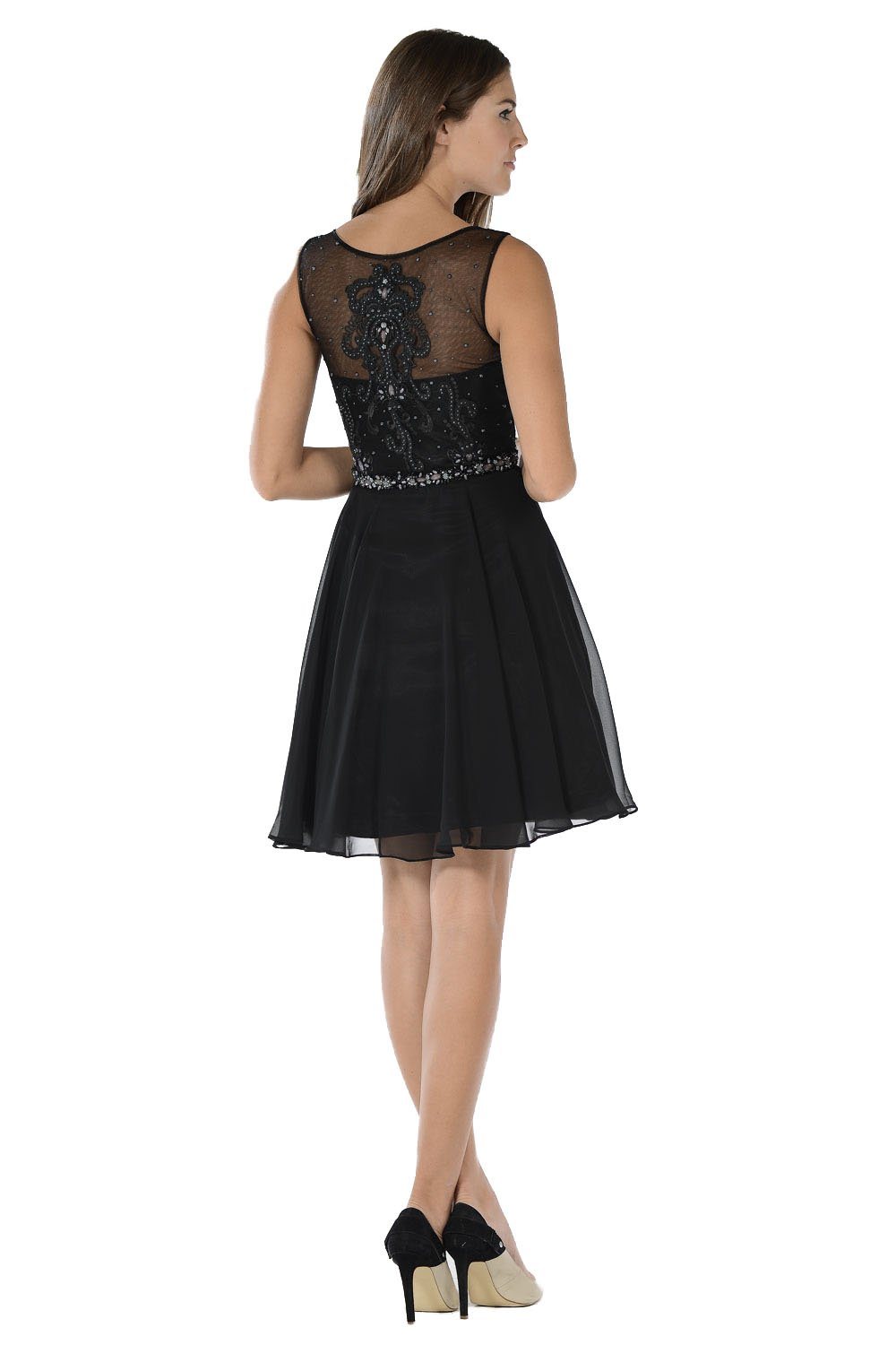 Black Short Chiffon Dress with Beaded Bodice by Poly USA-Short Cocktail Dresses-ABC Fashion