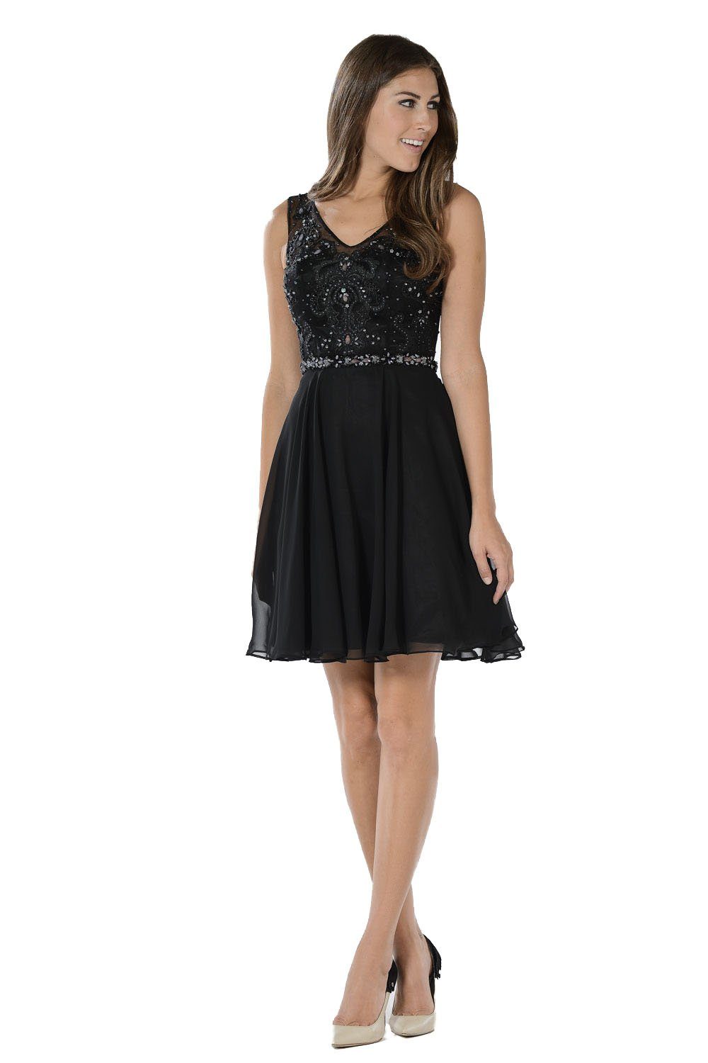 Black Short Chiffon Dress with Beaded Bodice by Poly USA-Short Cocktail Dresses-ABC Fashion