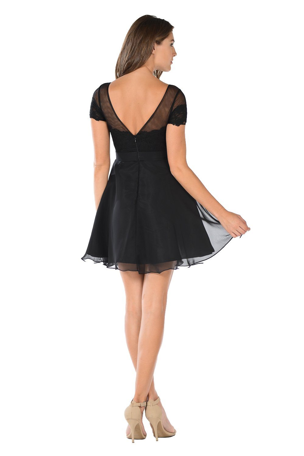 Black Short Lace Bodice Dress with Short Sleeves by Poly USA-Short Cocktail Dresses-ABC Fashion