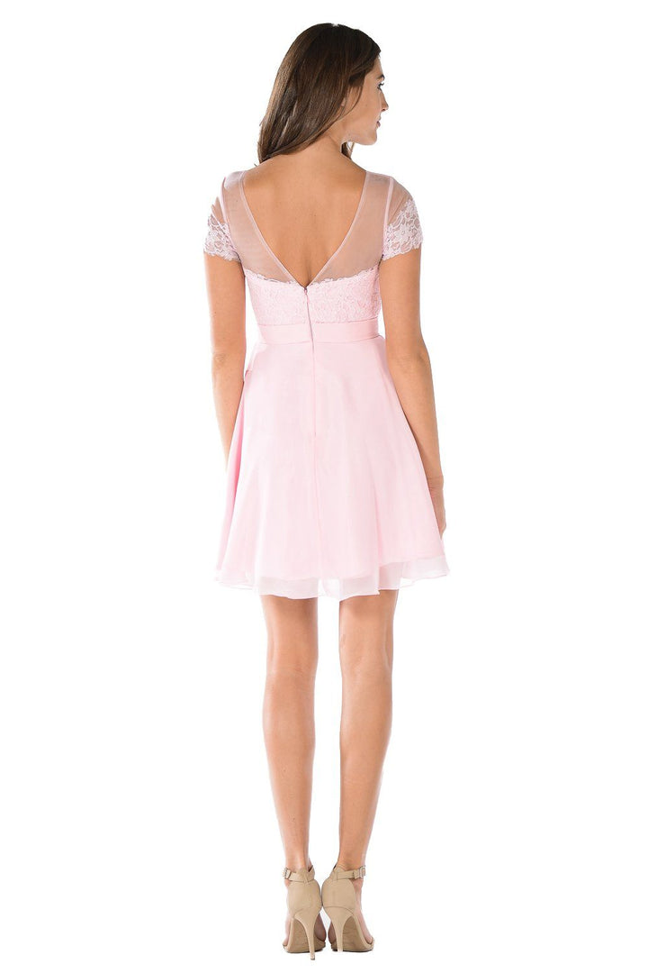 Black Short Lace Bodice Dress with Short Sleeves by Poly USA-Short Cocktail Dresses-ABC Fashion