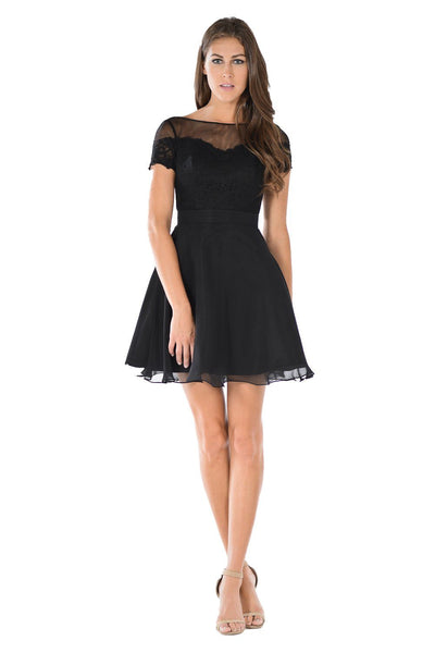 Black Short Lace Bodice Dress with Short Sleeves by Poly USA-Short Cocktail Dresses-ABC Fashion