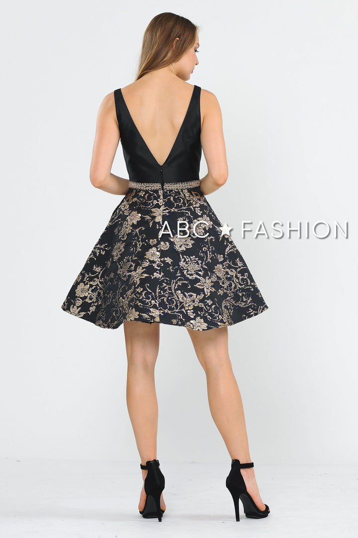 Black Short V-Neck Dress with Print Skirt by Poly USA 8404-Short Cocktail Dresses-ABC Fashion