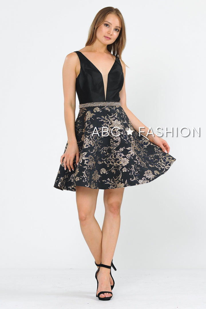 Black Short V-Neck Dress with Print Skirt by Poly USA 8404-Short Cocktail Dresses-ABC Fashion