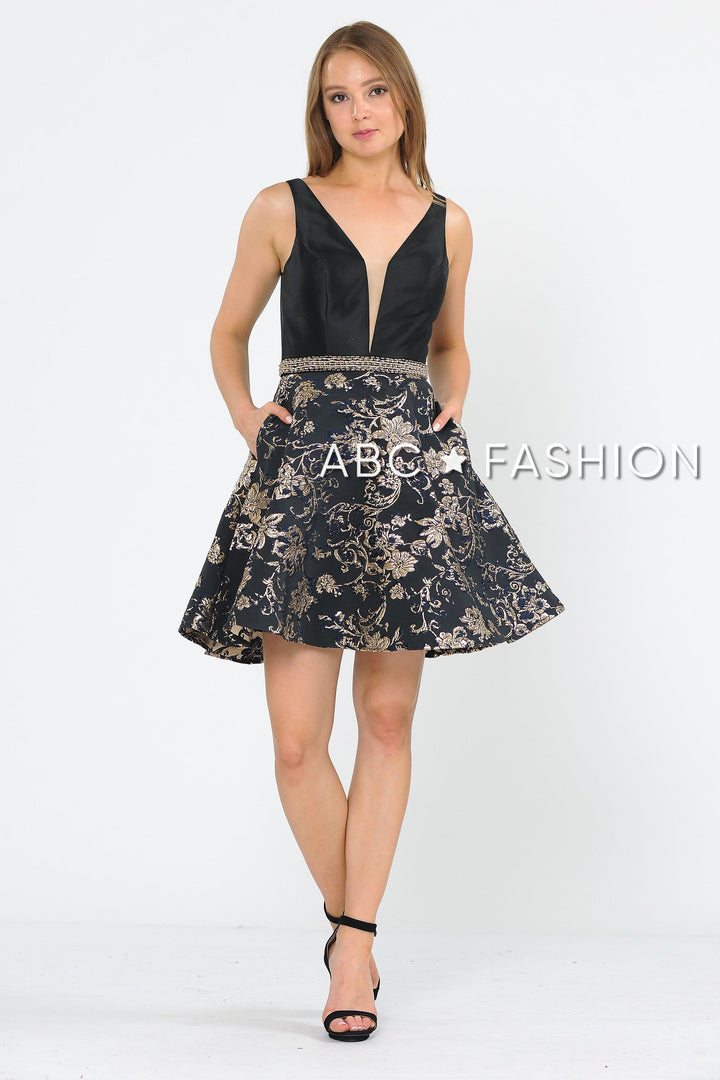 Black Short V-Neck Dress with Print Skirt by Poly USA 8404-Short Cocktail Dresses-ABC Fashion