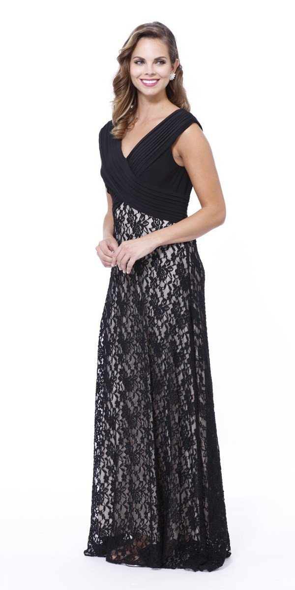 Black Sleeveless Dress with Lace Skirt by Nox Anabel 5119-Long Formal Dresses-ABC Fashion