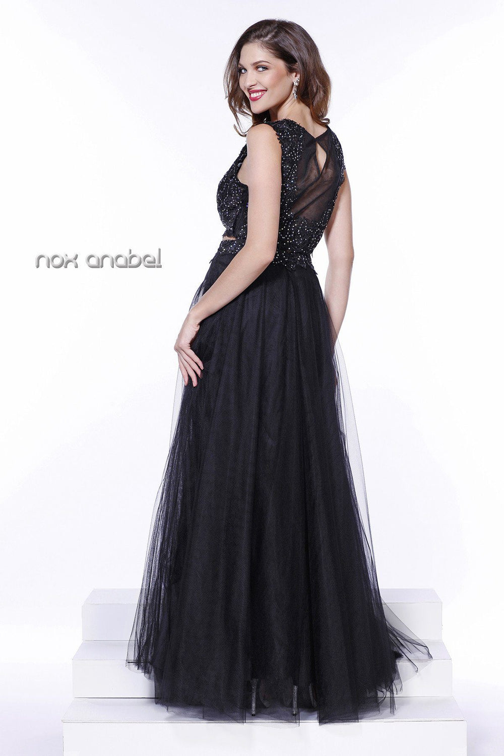 Black Two-Piece Crop Top Lace Illusion Dress by Nox Anabel 3136-Long Formal Dresses-ABC Fashion