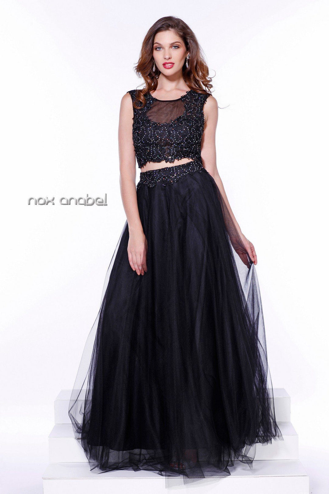 Black Two-Piece Crop Top Lace Illusion Dress by Nox Anabel 3136-Long Formal Dresses-ABC Fashion