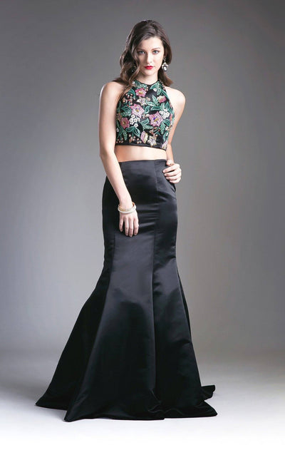 Black Two Piece Dress with Floral Embroidered Top by Cinderella Divine 83699-Long Formal Dresses-ABC Fashion