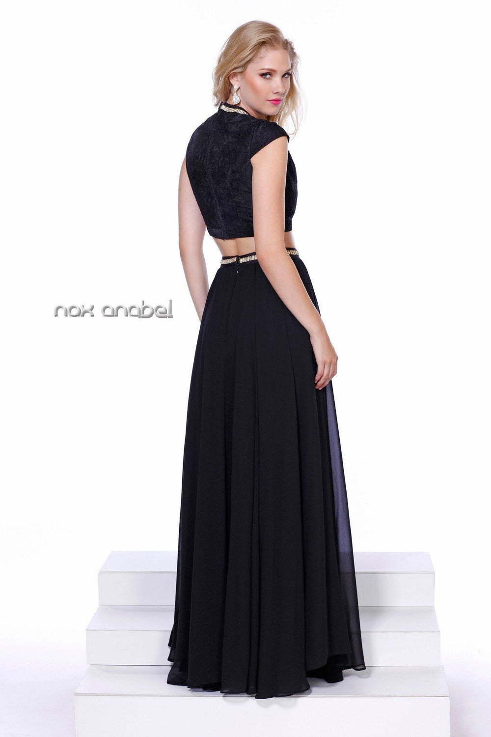 Black Two-Piece Dress with Velvet Crop Top by Nox Anabel 8193-Long Formal Dresses-ABC Fashion