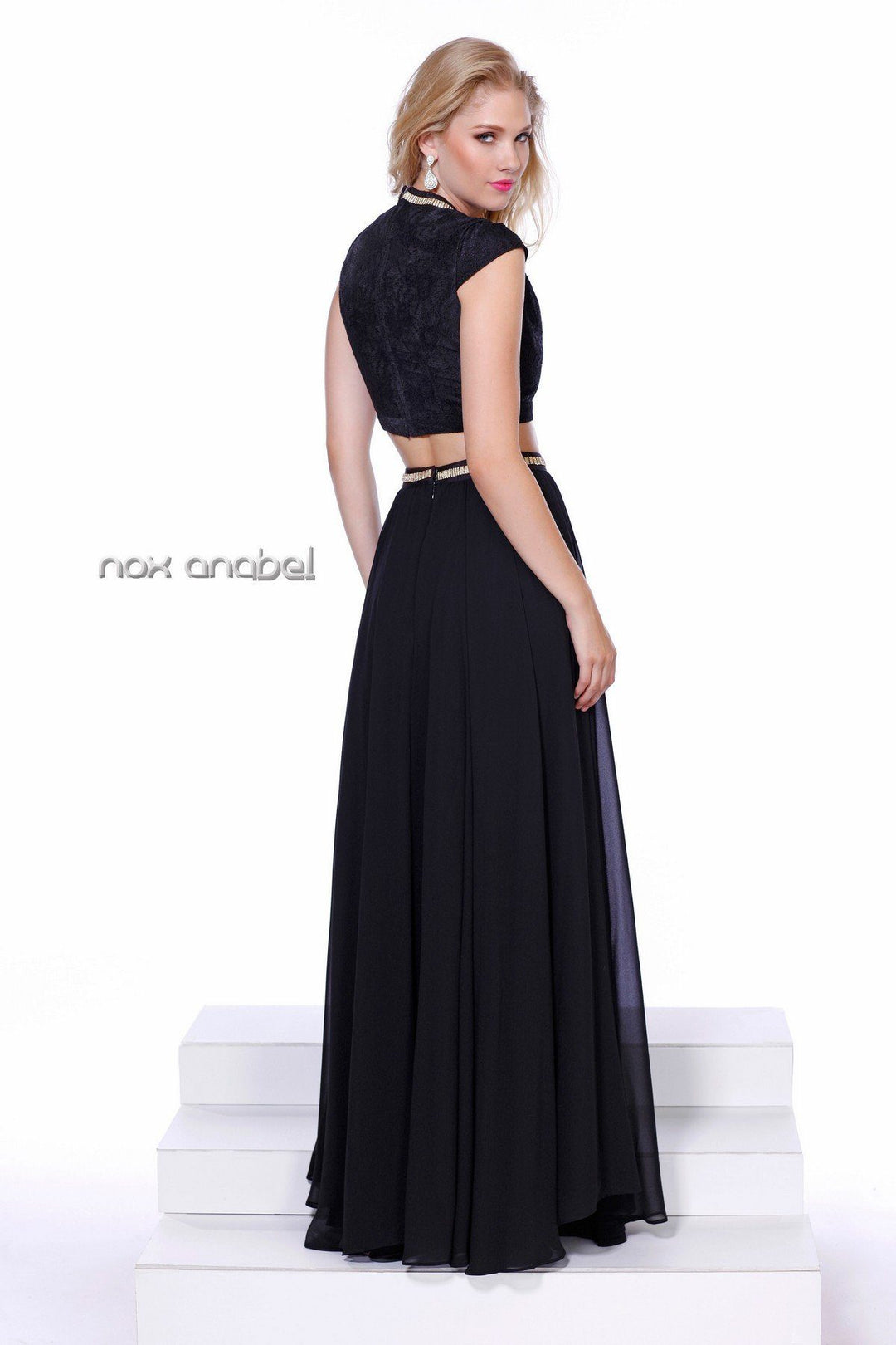 Black Two-Piece Dress with Velvet Crop Top by Nox Anabel 8193-Long Formal Dresses-ABC Fashion