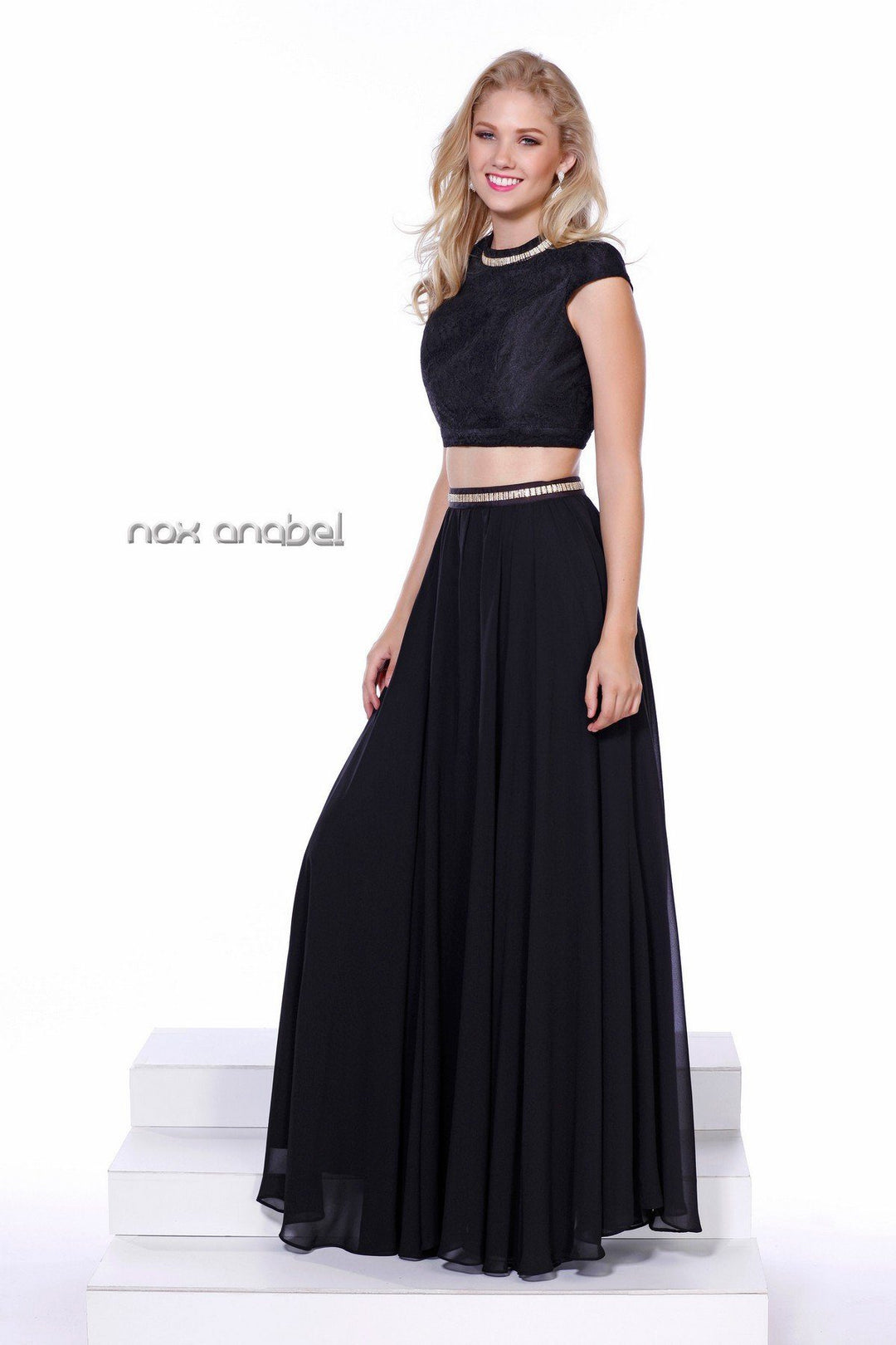 Black Two-Piece Dress with Velvet Crop Top by Nox Anabel 8193-Long Formal Dresses-ABC Fashion