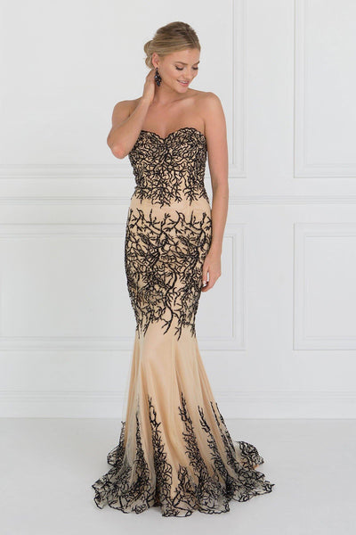 Black/Nude Strapless Beaded Mermaid Gown by Elizabeth K GL2055-Long Formal Dresses-ABC Fashion