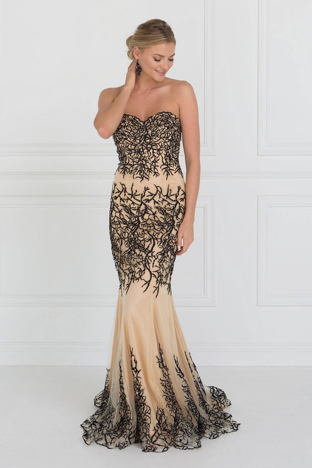 Black/Nude Strapless Beaded Mermaid Gown by Elizabeth K GL2055-Long Formal Dresses-ABC Fashion