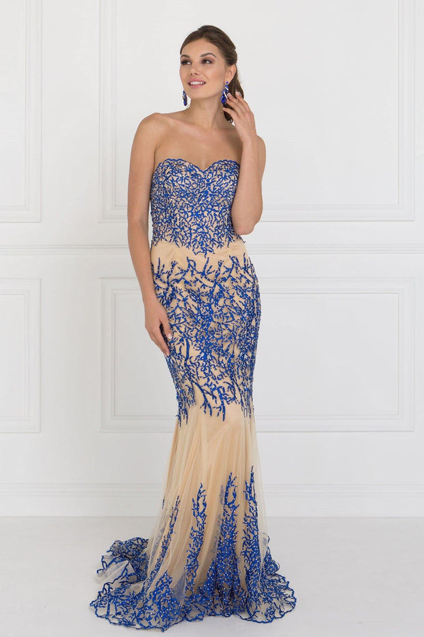 Black/Nude Strapless Beaded Mermaid Gown by Elizabeth K GL2055-Long Formal Dresses-ABC Fashion