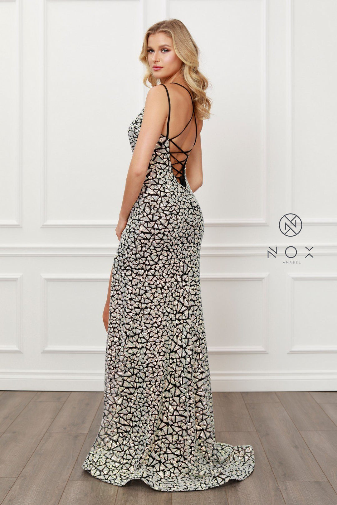 Black/Silver Sequin Fitted Gown by Nox Anabel E479