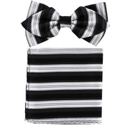 Black/Silver Striped Bow Tie with Pocket Square (Pointed Tip)-Men's Bow Ties-ABC Fashion