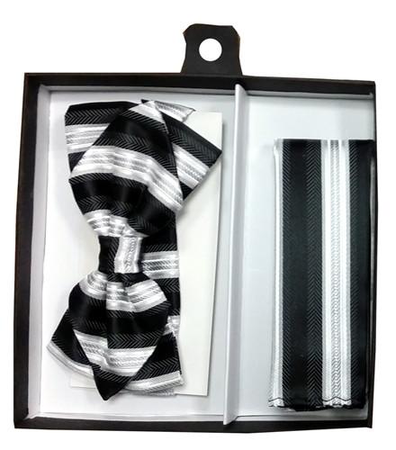 Black/Silver Striped Bow Tie with Pocket Square (Pointed Tip)-Men's Bow Ties-ABC Fashion