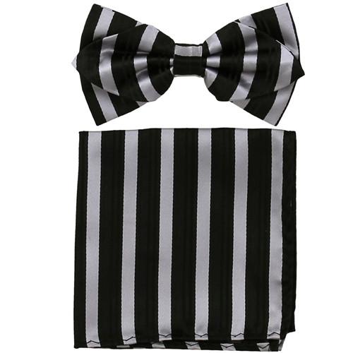 Black/Silver Striped Bow Tie with Pocket Square (Pointed Tip)-Men's Bow Ties-ABC Fashion
