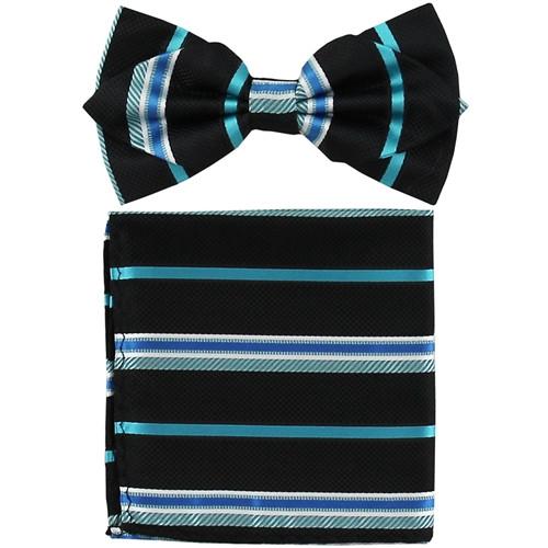 Black/Turquoise Striped Bow Tie with Pocket Square (Pointed Tip)-Men's Bow Ties-ABC Fashion