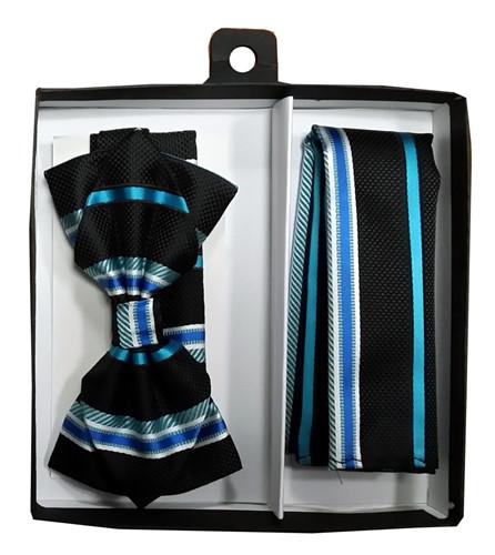 Black/Turquoise Striped Bow Tie with Pocket Square (Pointed Tip)-Men's Bow Ties-ABC Fashion