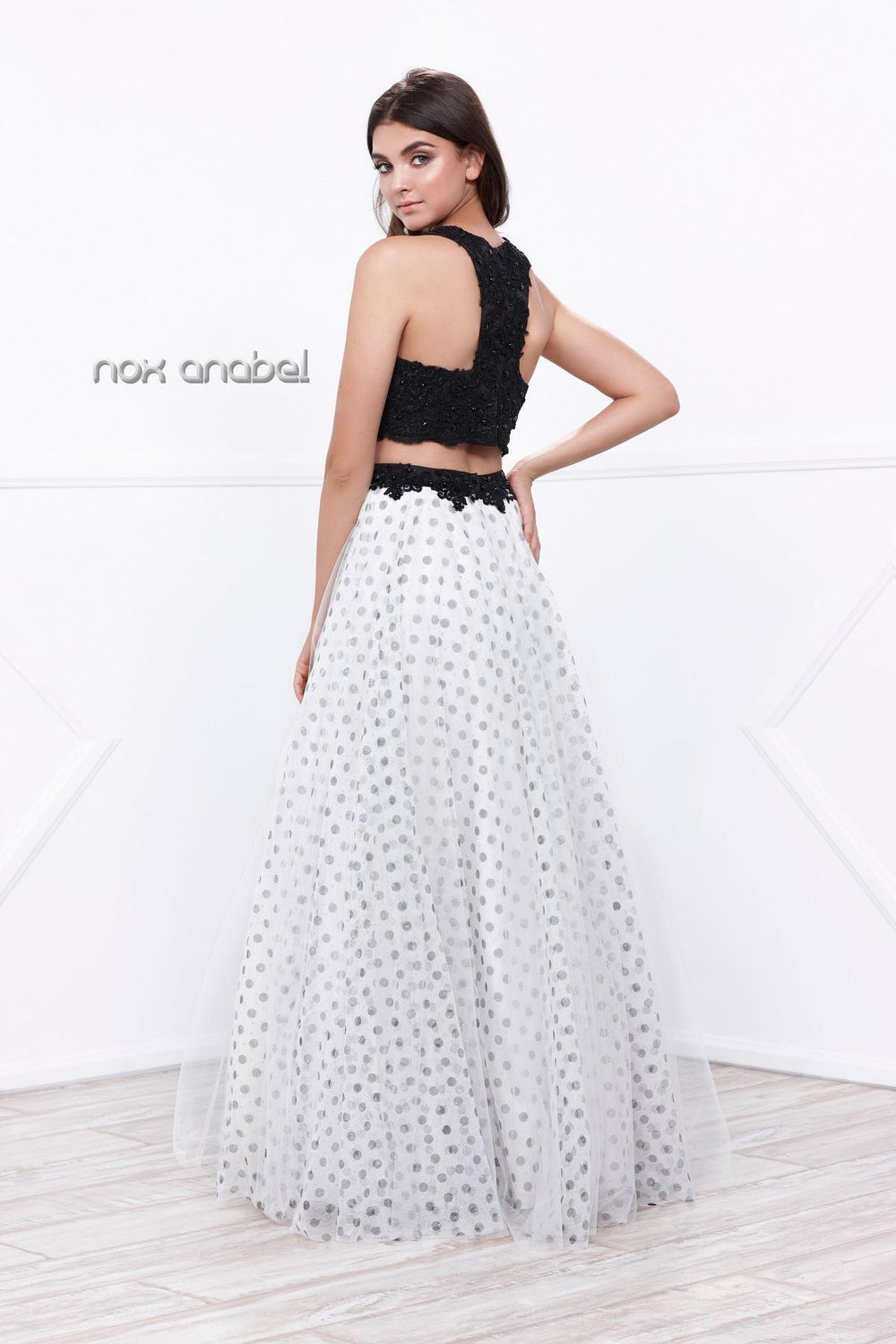 Black/White Crop Top Polka Dot Print Dress by Nox Anabel 8309-Long Formal Dresses-ABC Fashion