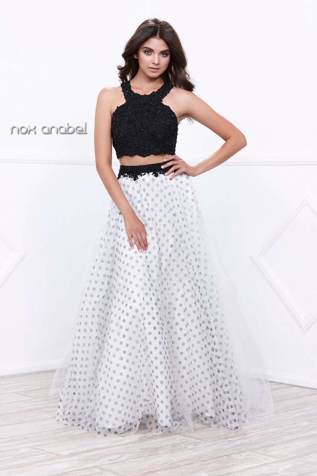 Black/White Crop Top Polka Dot Print Dress by Nox Anabel 8309-Long Formal Dresses-ABC Fashion