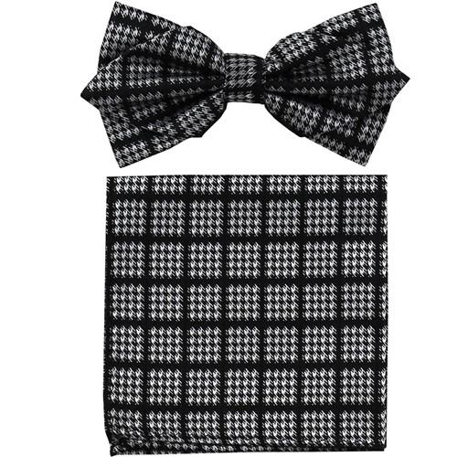 Black/White Houndstooth Bow Tie with Pocket Square (Pointed Tip)-Men's Bow Ties-ABC Fashion