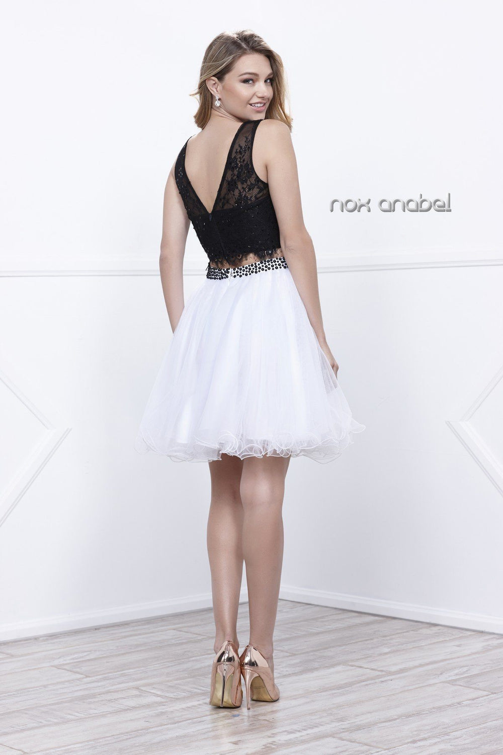 Black/White Lace Crop Top Short Dress by Nox Anabel 6224-Short Cocktail Dresses-ABC Fashion