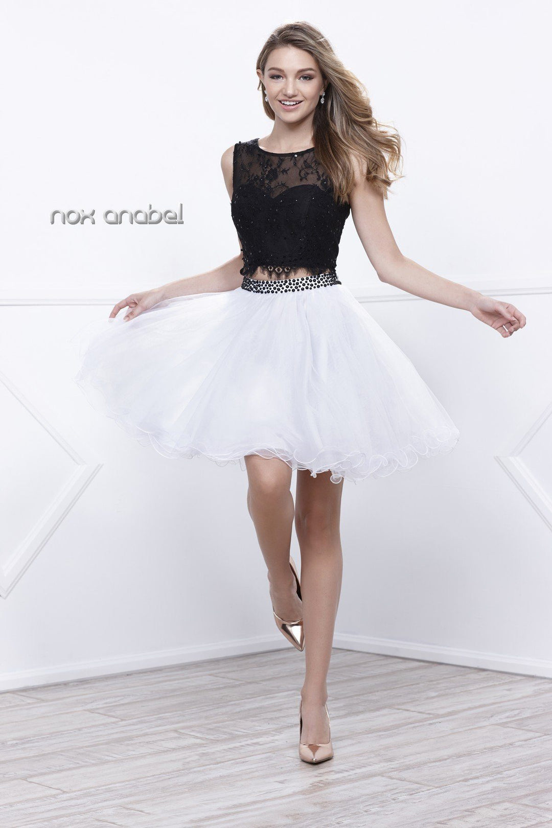 Black/White Lace Crop Top Short Dress by Nox Anabel 6224-Short Cocktail Dresses-ABC Fashion