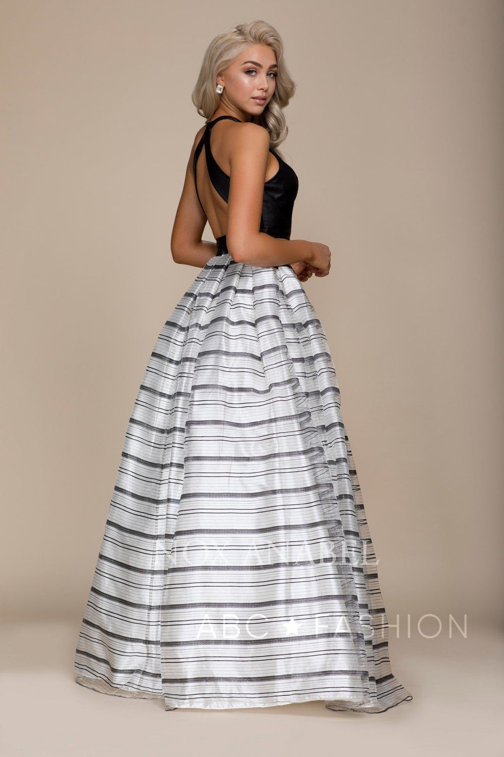 Black/White Long Two-Piece Dress with Striped Skirt by Nox Anabel C033-Long Formal Dresses-ABC Fashion