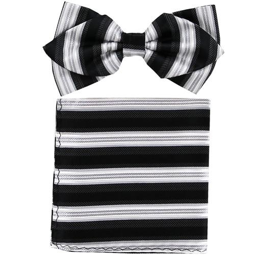 Black/White Striped Bow Tie with Pocket Square (Pointed Tip)-Men's Bow Ties-ABC Fashion