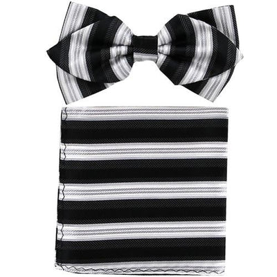 Black/White Striped Bow Tie with Pocket Square (Pointed Tip)-Men's Bow Ties-ABC Fashion