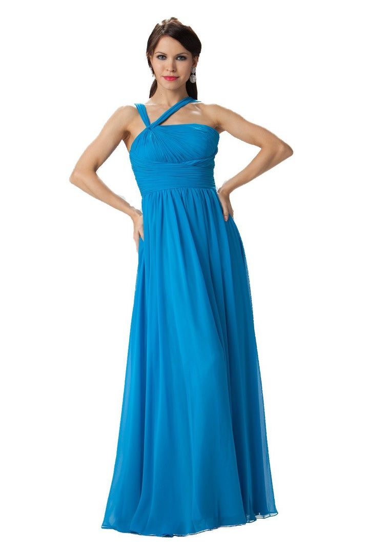 Blue Long One Shoulder Chiffon Dress by Poly USA 6678-Long Formal Dresses-ABC Fashion