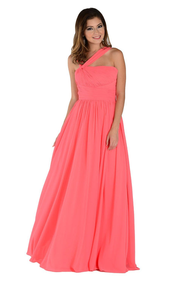 Blue Long One Shoulder Chiffon Dress by Poly USA 6678-Long Formal Dresses-ABC Fashion