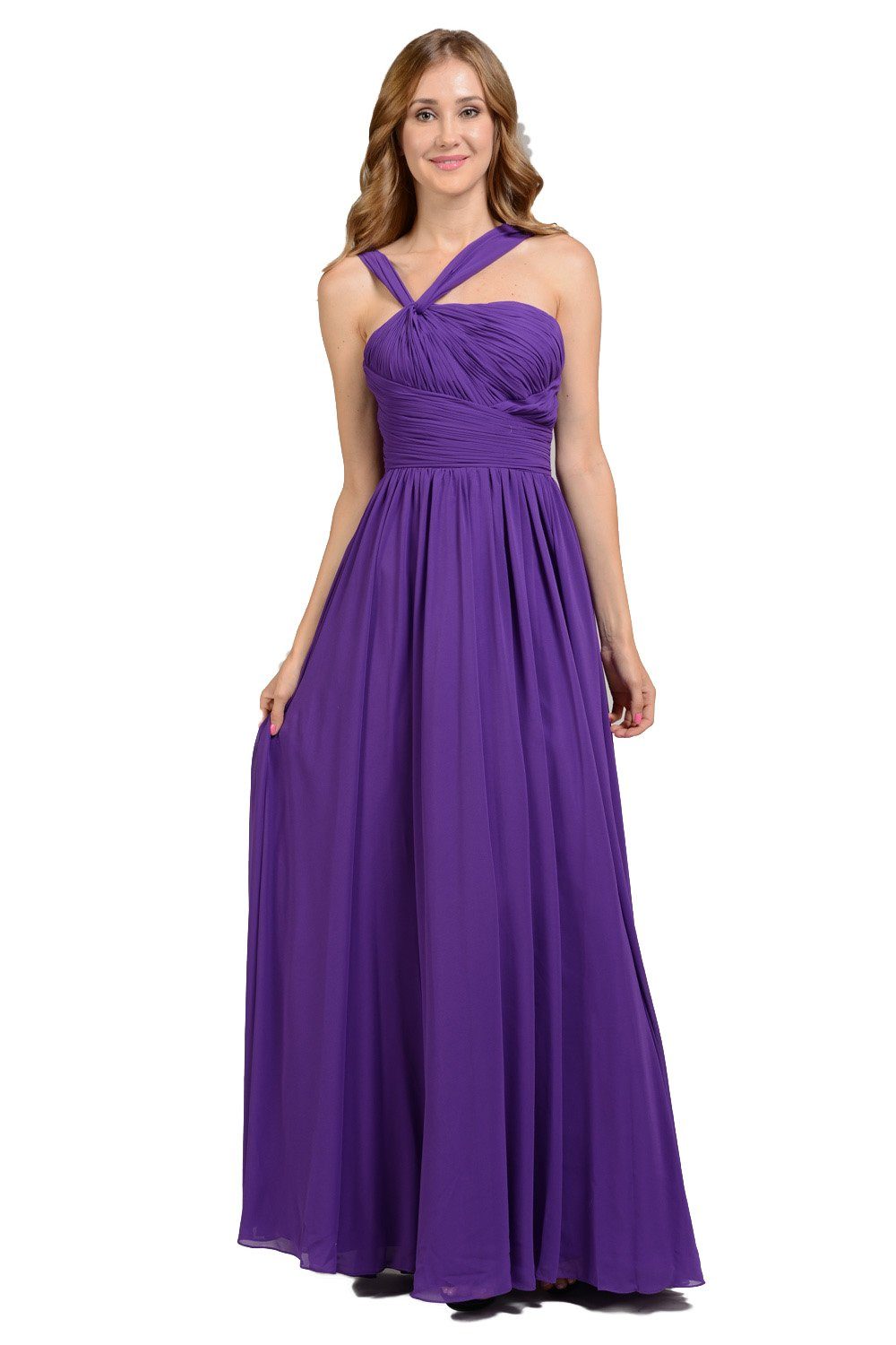 Blue Long One Shoulder Chiffon Dress by Poly USA 6678-Long Formal Dresses-ABC Fashion