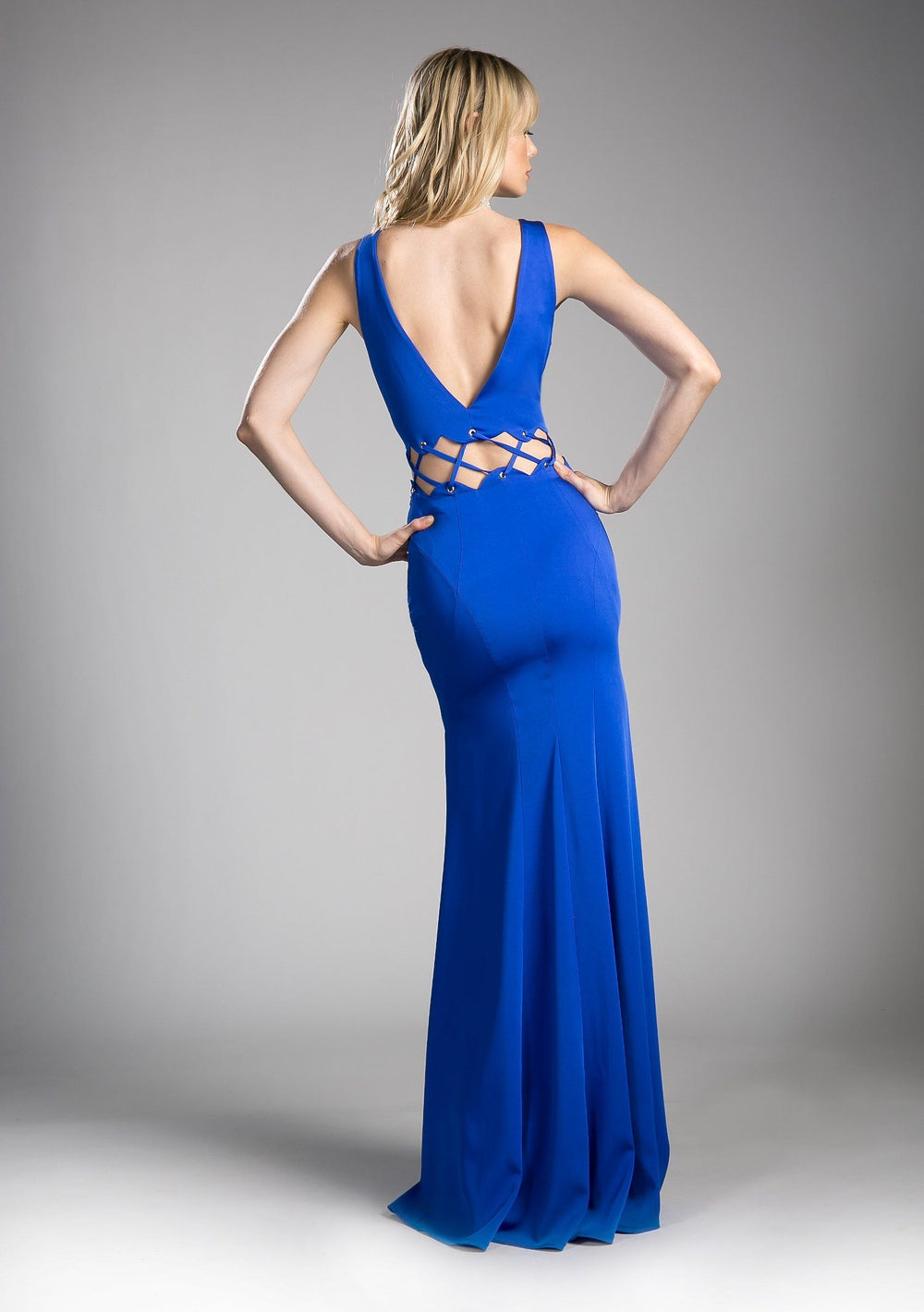 Blue Long Side Cut Out Dress by Cinderella Divine 6485-Long Formal Dresses-ABC Fashion