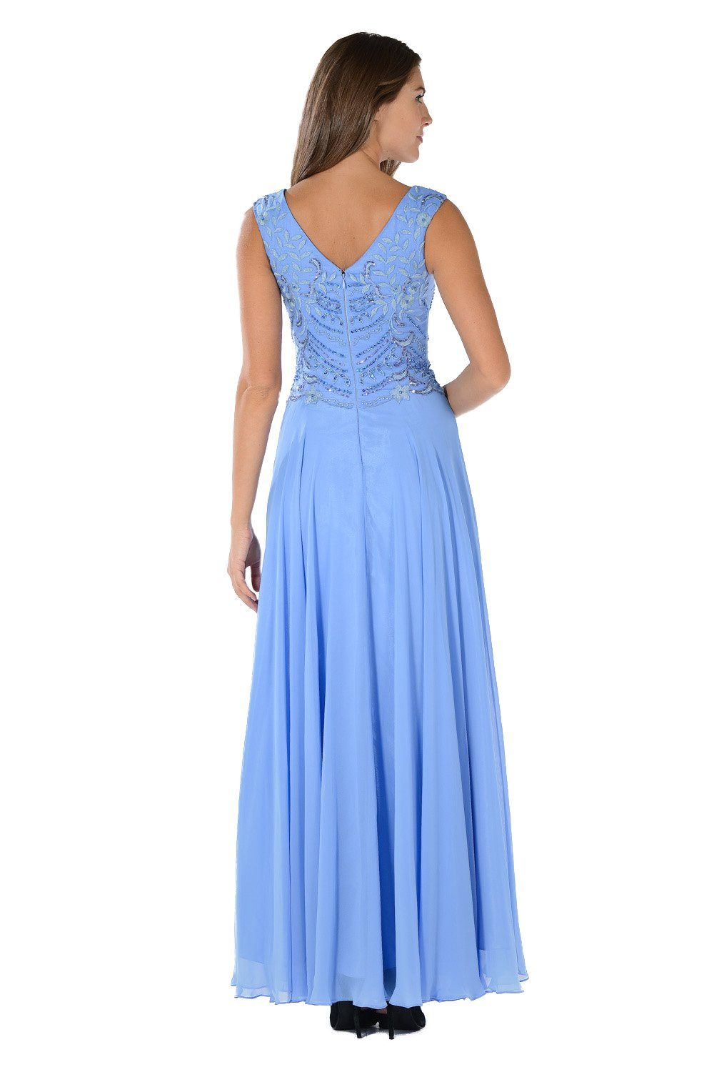 Blue Long Sleeveless Dress with Embellished Bodice by Poly USA-Long Formal Dresses-ABC Fashion