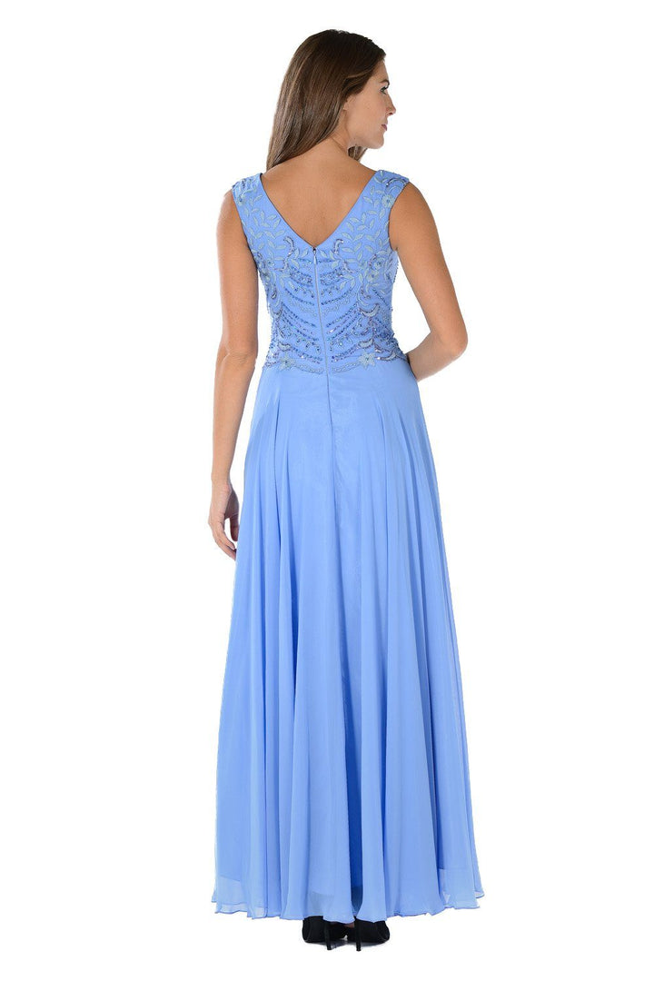 Blue Long Sleeveless Dress with Embellished Bodice by Poly USA-Long Formal Dresses-ABC Fashion